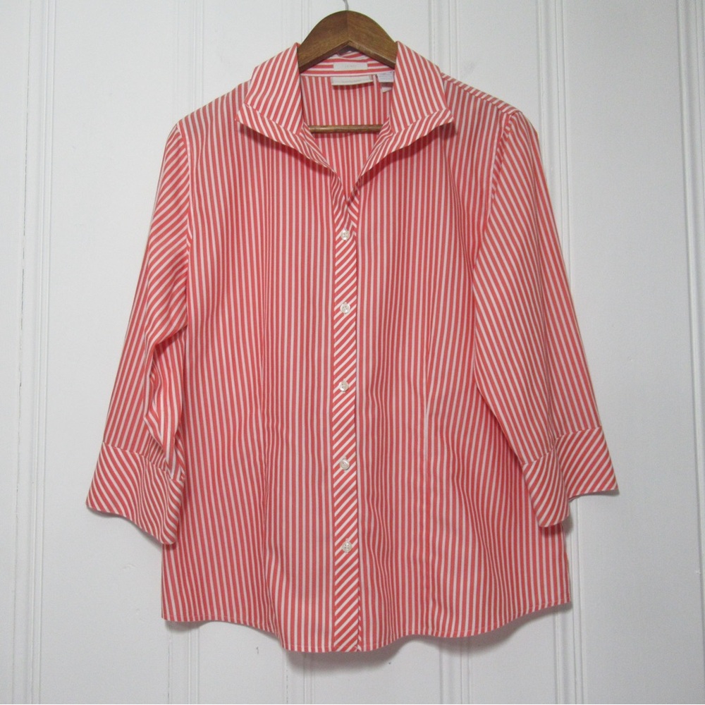 Chico’s No Iron Orange Striped Button Down Shirt Size Large